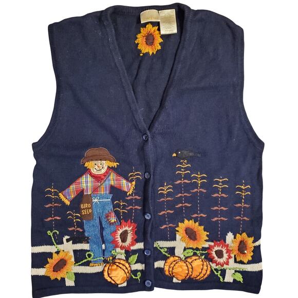 Halloween Cute Scarecrows Sunflowers Pumpkin Embroidered Sweater Vest Cardigan - Picture 1 of 9
